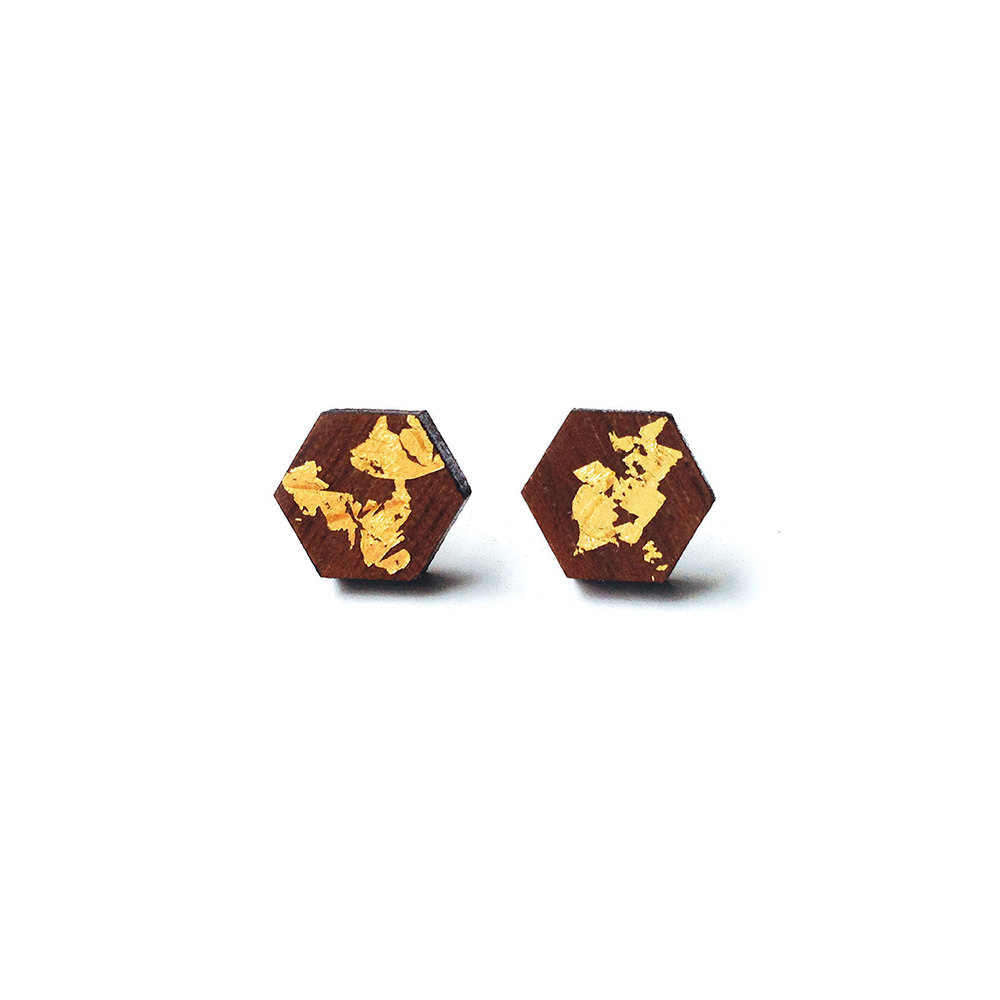 Wood and Gold Earrings - Hexagon