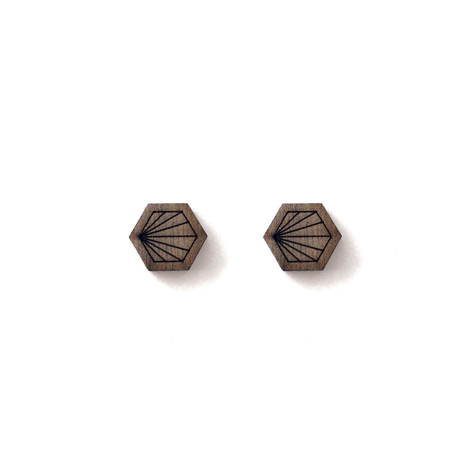Geometric Walnut Earrings - Hexagon