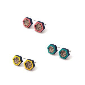 Geometric Colour Walnut Earrings - Hexagon