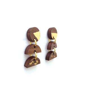 Wood and Gold Dangle Earrings - Three Tier