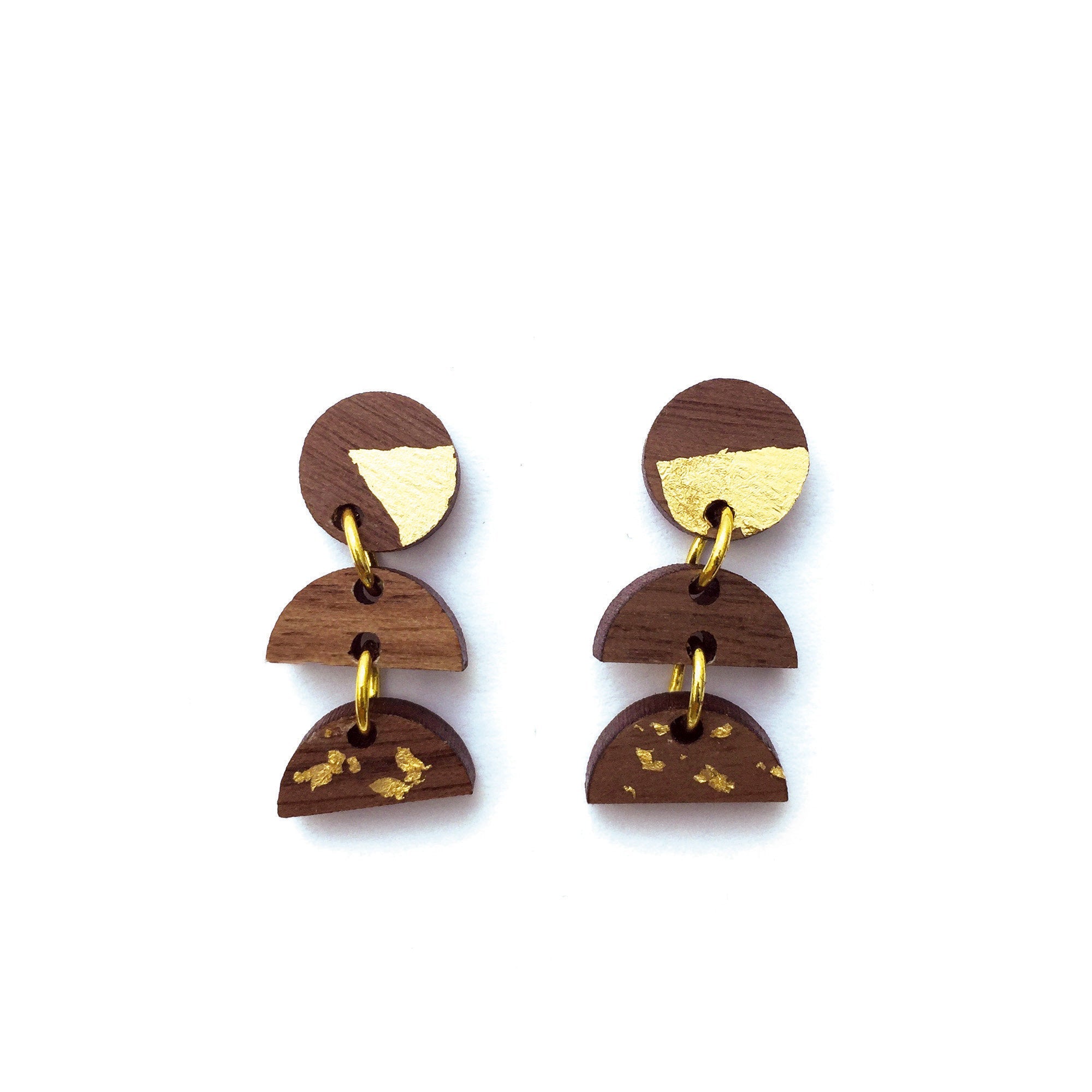 Wood and Gold Dangle Earrings - Three Tier
