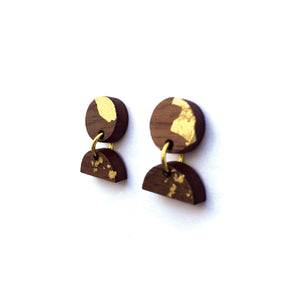 Wood and Gold Dangle Earrings - Two Tier
