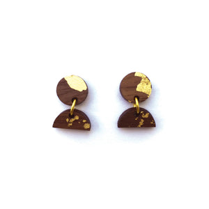 Wood and Gold Dangle Earrings - Two Tier